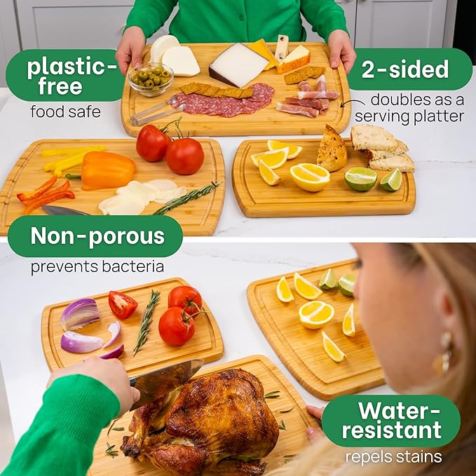 Organic Wood Cutting Boards for Kitchen for Chopping Vegetables, Carving Meat, Slicing Bread and Serving Charcuterie for Meal Time Prep, Holiday Gatherings, and Hosting Parties - Ideal for Home Chefs