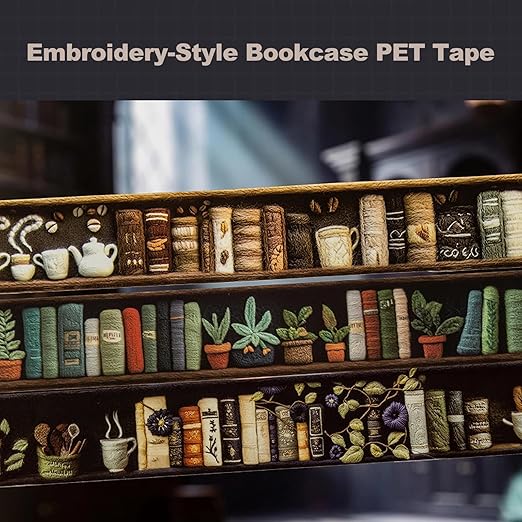 AuriicLeaf Magician’s Bookcase PET Tapes – 6 Rolls of Fantasy Embroidery-Style Bookcase Designs with Clip, for Scrapbook, Journal, Junk Journal, Planner and DIY Decor