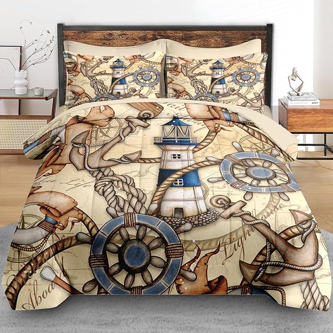 Comforter Set Twin Size, Retro Nautical Lighthouse Map 5 Pcs Bedding for Kids and Adults, Vintage Anchor Beige Bed Sheet Sets with Fitted Sheet Pillowcase & Sham for Bedroom Bed Decor