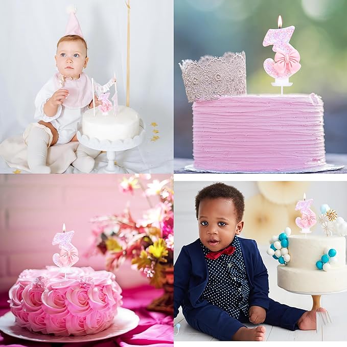 3 Birthday Candle with Pink Sequins and Bowtie, Pink 3 Cake Topper Decoration for Girls Pastel Sweet Theme Birthday Party or Adults Milestone Age