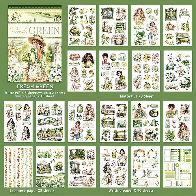 Snycler Sticker Book - 20 Sheets Vintage PET Stickers for Scrapbooking, Junk Journaling, Ephemera, and Decorative Crafts-Fresh Green