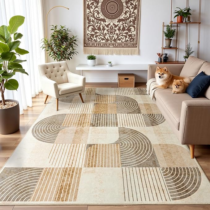 Area Rugs for Bedroom Living Room 4x6 - Soft Beige Mid Century Modern Rug, Washable Non-Slip Indoor Floor Mat Abstract Neutral Carpet for Dining Room Nursery Office Home