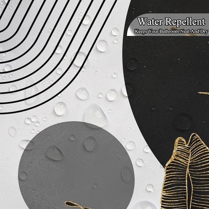 Mid Century Boho Shower Curtain, Abstract Modern Sun Minimalist Aesthetic Shower Curtain, Bohemian Geometric Arch Curve Leaves Neutral Art Fabric Bathroom Curtains Black 72x84 inch