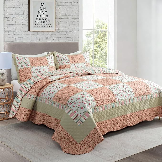 Travan 3-Piece Quilt Set Quilted Bedspread Lightweight Coverlet Set Patchwork Floral Oversized Reversible Soft Quilted Bedding Coverlet Set for All Seasons, King Size