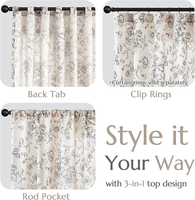 jinchan Linen Blend Curtain Floral Curtains Extra Wide for Living Room 84 Inch Length Black Printed Curtain Back Tab Farmhouse Peony Flower Patterned Drapes Bedroom Window Curtains Set 2 Panels