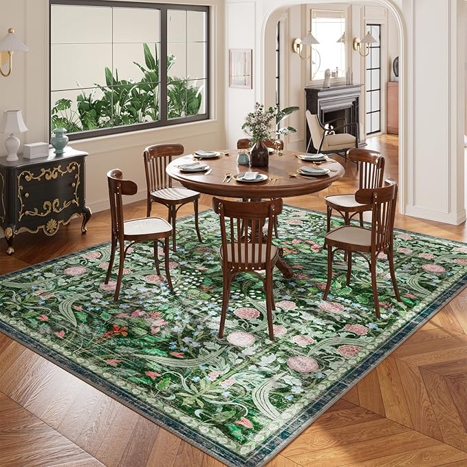 AMTOVO 8x10 Washable Area Rugs for Living Room, Non-Slip Large Soft Boho Floral Vintage Accent Print Carpet for Bedroom Dorm Dining Room Farmhouse Nursery Playroom Home Office, Dark Green