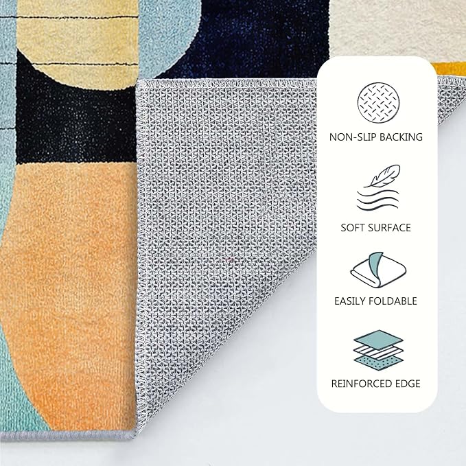 8x10 Colorful Area Rug Modern Abstract Orange Yellow Pink Blue White Beige Black Bedroom Rug Low Pile Thin Large Carpet Living Room Non Slip Dining Room Stain Resistant Office Washable Machine