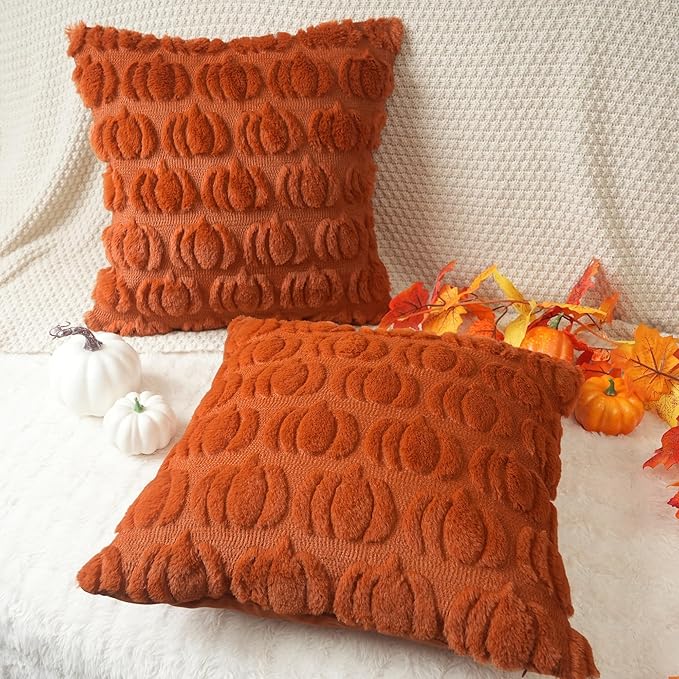 GEEORY Fall Pumpkin Throw Pillow Covers 20x20 Inch Set of 2, Autumn Soft Plush Faux Fur Wool Decorative Farmhouse Holiday Cushion Case for Home Decoration (Rust) GC001-20