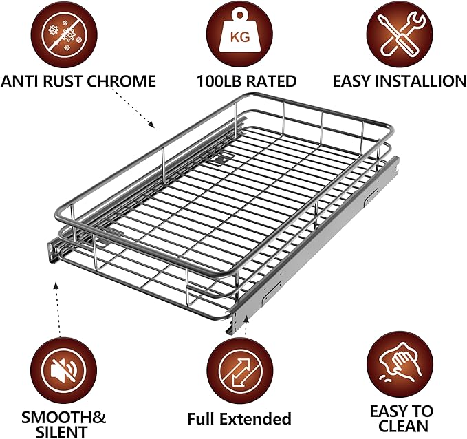 JOWBOOW Pull Out Cabinet Organizer (22" W x 21" D), Slide Out Shelves for Kitchen Cabinets, Pull Out Drawers Heavy-Duty Metal Rolling Shelf, Chrome Finish