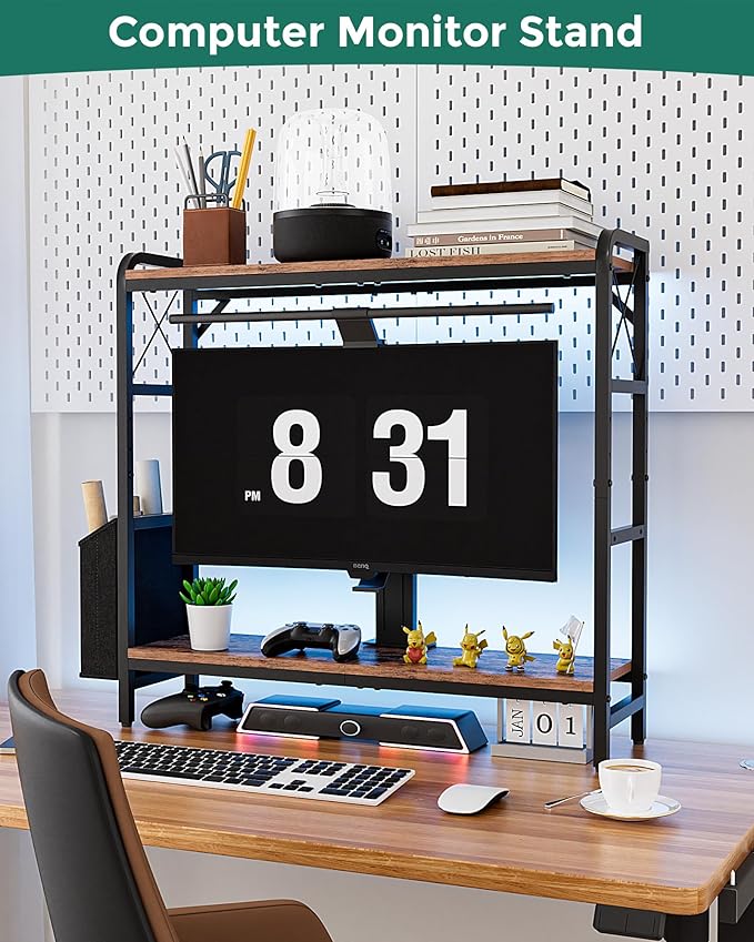 VERSASKY Desktop Shelves, Monitor Stand with Adjustable Shelves and Side Pockets, 2-Tier Desktop Bookshelf Organizer, Large Capacity Display Shelf Rack, Desk Hutch for Home Office, Rustic Brown