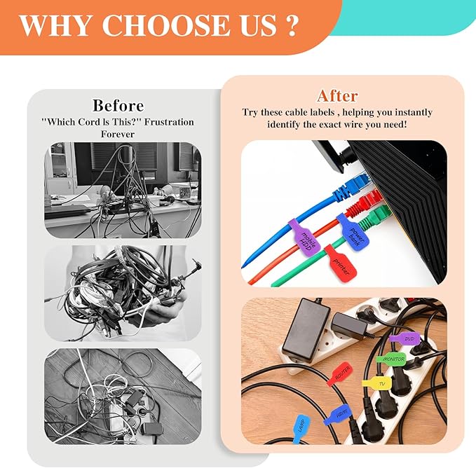 24pcs Cord Tags Labeling, Charging Cord Labels, Reusable Cable Label, Multi-Color Write on Cable Label, for Cables Management and Identification (8 Colors)