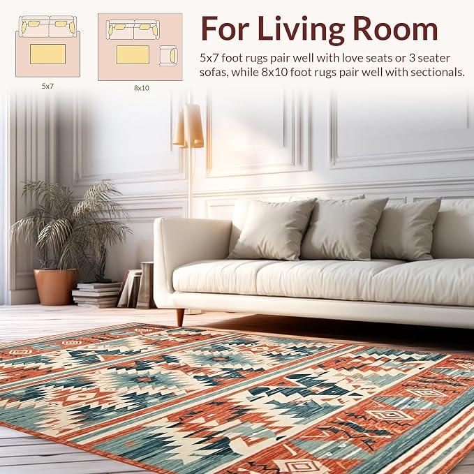 Flatwoven High Traffic Area Rug 4x6, Dynamic Tribal Inspired Design with Bold Shapes and Color Contrast, Non Slip, Stain Resistant, Washable Area Rugs for Living Room, Bedroom (Red, 4x6)