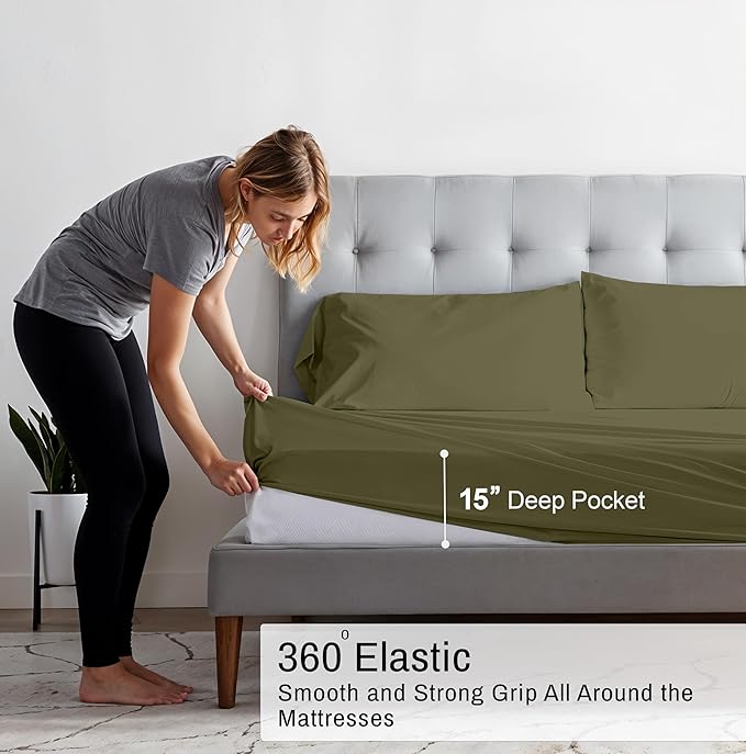 RUVANTI 100% Organic Cotton Sheets Queen Size, Percale Weave, GOTS Certified, 4-Piece Set, Deep Pocket 15", Crisp & Breathable, Soft Durable Bedding, Sábanas Algodón Orgánico – Olive