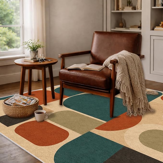 Teal Rust Area Rug 5x7, Mid Century Modern Mosaic Geometric Rug, Retro Abstract Color Block Washable Low Pile Non Slip Rug for Living Room Bedroom