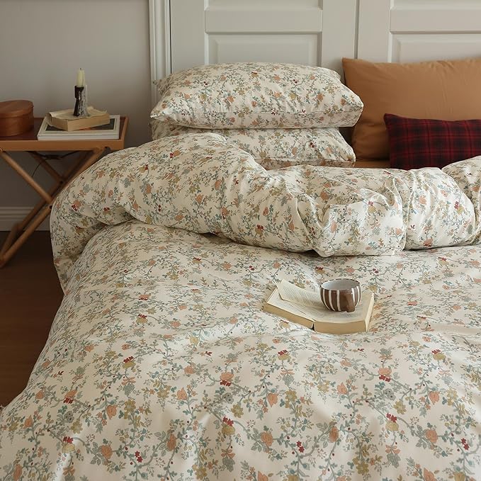 EAVD Vintage Style Botanical Floral Duvet Cover Full Soft Cotton Chic Floral Tree Branches Pattern Bedding Set with 2 Pillowcases Fresh Botanical Duuvet Covet with Zipper Closure