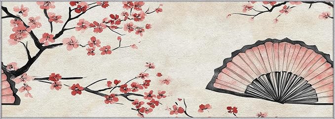 Japanese Cherry Blossom Runner Rug 3x9, Oriental Fan Design, Asian Area Rug, Washable Carpet Runner for Bedroom, Standard Hallways, Kitchen Walkway, Dining Room Sideboard