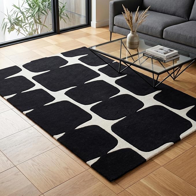 Restoration and Renovation Modern Wool Area Rug - Contemporary Abstract Geometric Design, Thick & Soft Hand-Tufted Carpet - Ideal for Indoor Decor in Living Room, Bedroom (Black, 4' x 6')