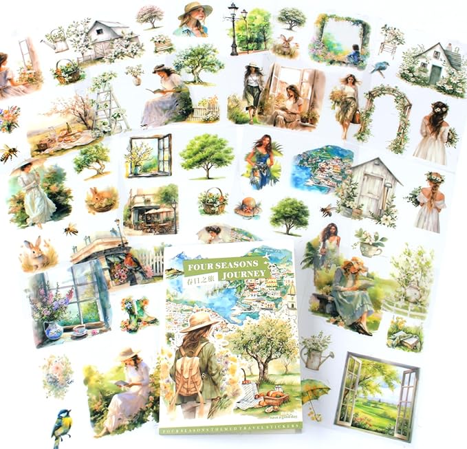 Dwpetzo Spring Landscape Pre-Cut Journal Sticker Book for Junk Journaling, Transparent PET Stickers for Scrapbook Supplies, Scrapbooking, Collage, Planners, Bujo, 20 Sheets