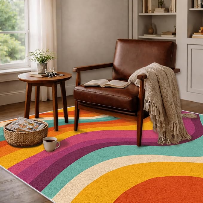 Retro 70s Area Rug 7x9, Mid Century Modern Abstract Wavy Carpet, Colorful Rainbow Swirl Rug for Living Room Bedroom Office, Non-Slip Washable Indoor Floor Mat