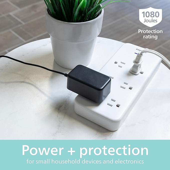 Philips 6-Outlet Surge Protector with Multiple Outlets, 8 Ft, Braided Cord,1080 Joules, Adapter-Spaced, White, SPC6066WB/37
