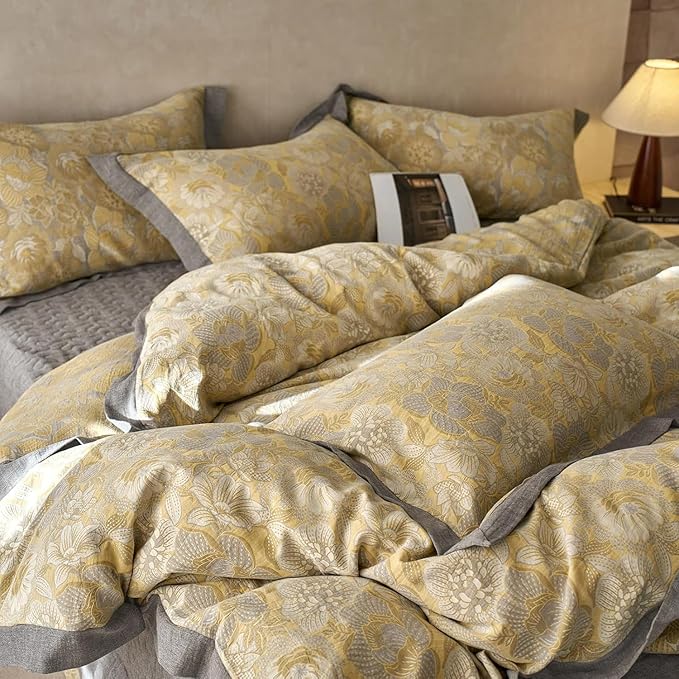 LifeTB Golden Floral Jacquard Duvet Cover Queen 3 Pieces Cotton Yarn-Dyed Textured Duvet Cover Vintage Flower Comforter Cover with Edge Design Boho Floral Bedding Duvet Cover with 2 Pillowcases