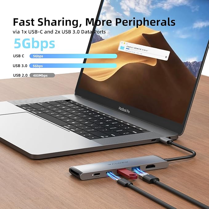 USB C Hub, WALNEW 7 in 1 USB-C Docking Station with 4K HDMI,100W PD, 3 5Gbps Data Ports(1 USBC & 2 USB 3.0),TF/SD Card Reader, USB Hub for Laptop, MacBook Pro/Air/Mac/Dell/HP/ASUS/Acer/Steam Deck
