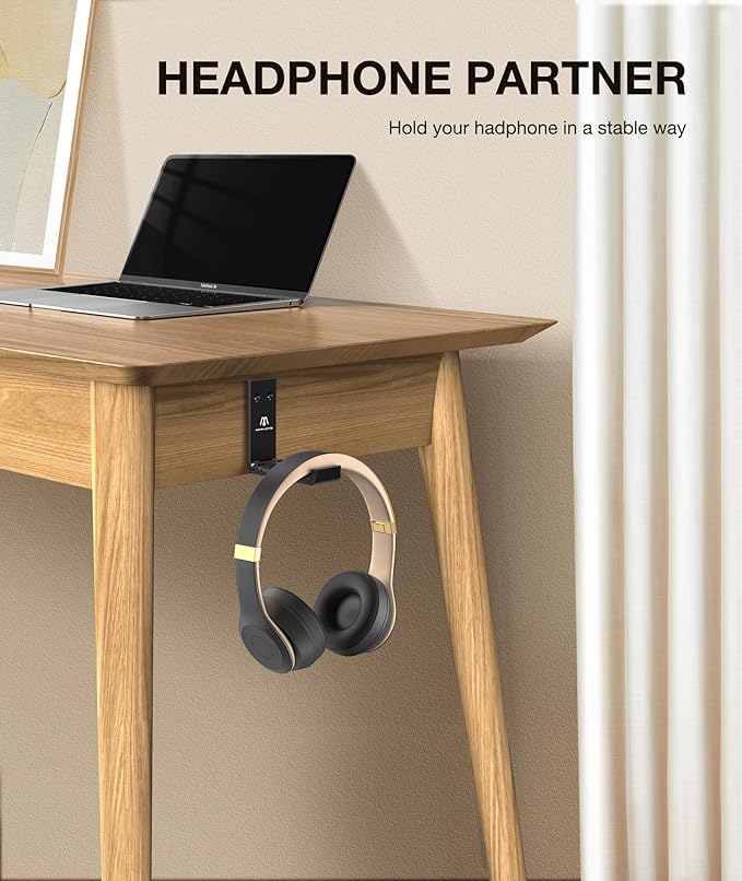 APPHOME Headphone Stand Hanger Foldable Wall Hooks, Save Space Durable Aluminum Headset Stand Holder for Universal Gaming Headset, Strong Adhesive, Black