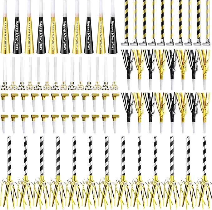Lenwen 200 Pcs New Years Eve Noisemakers Party Favor 2026 Happy New Year Gold Silver Blower Horns Whistles Party Supplies for Birthday Celebration Sporting Events(Metallic Colors)