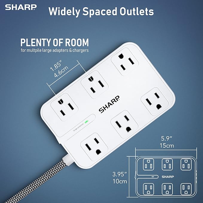 SHARP Surge Protector Power Strip - 6 Widely Spaced Outlets with 4 USB Fast Charge USB Charging Ports (3 USB-A and 1 USB Type-C), Flat Wall-Hugger Plug and 6 ft. Braided Cord, White