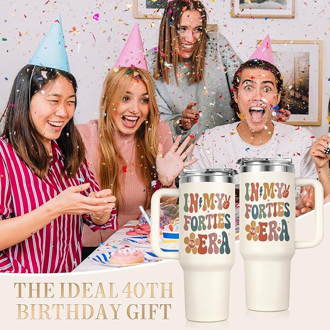 Shqiueos 40th Birthday Gifts for Women 40oz Tumbler with Handle and Straw Lid, 40 Year Old Gifts for Her, Mom, Friend, Sister, Daughter, 40s Birthday Decoration-In My Forties Era Cup Water Bottle