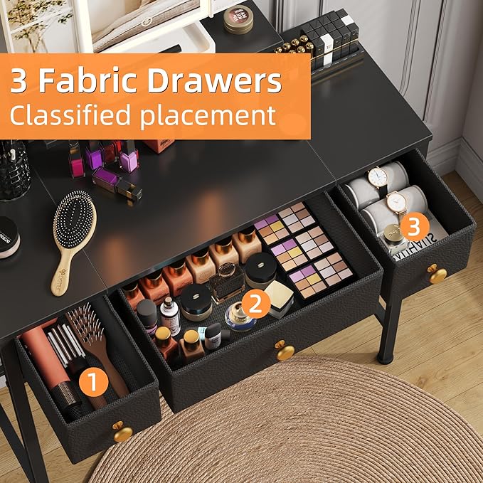 Small Makeup Vanity Desk 27.5''W with Mirror and Lights, Vanity Desk with 3 Fabric Drawers and Height-Adjustable Stand, Vanity Table for Girls Gifts, Bedroom and Small Spaces, Black