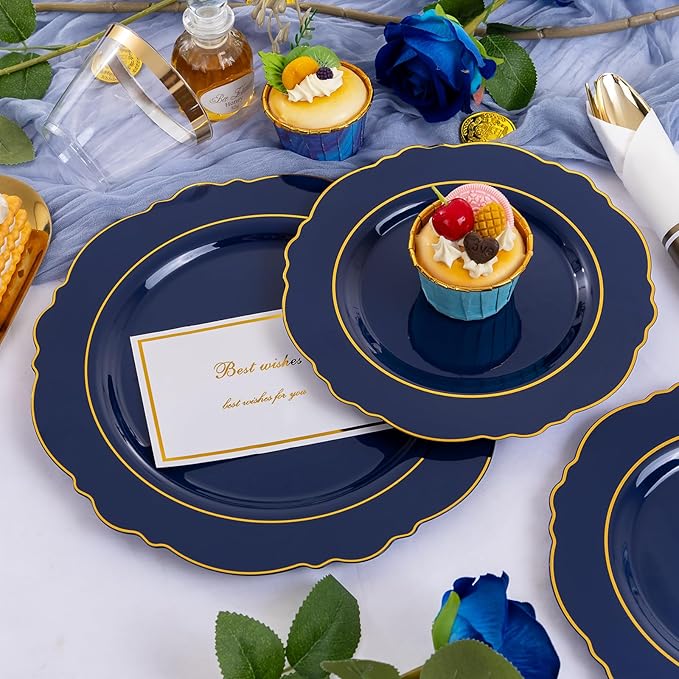 Liacere 350PCS Navy Blue Plastic Plates-Disposable Blue Gold Plates 50guest Plastic Dinnerware include 100Plates,50Pack Pre Rolled Napkins with Silverware 50Cups for Christmas ＆ Hanukkah