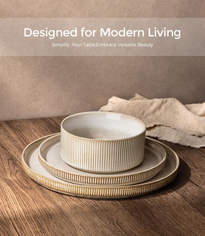 GBHOME 18-Piece Stoneware Dinnerware Set for 6 – Ribbed Ceramic Plates and Bowls, Scratch-Resistant, Microwave & Dishwasher Safe, Reactive Glaze, Cappuccino
