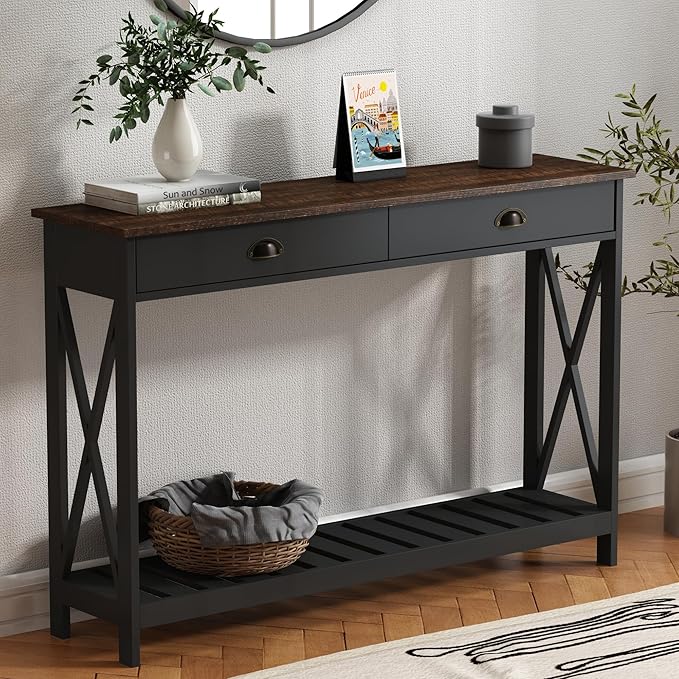 ChooChoo 47" Farmhouse Console Table with Drawer for Entryway, Narrow Long Entry Table with Shelf for Living Room, Rustic Vintage Hallway Sofa Table with Stable X Supports, Black