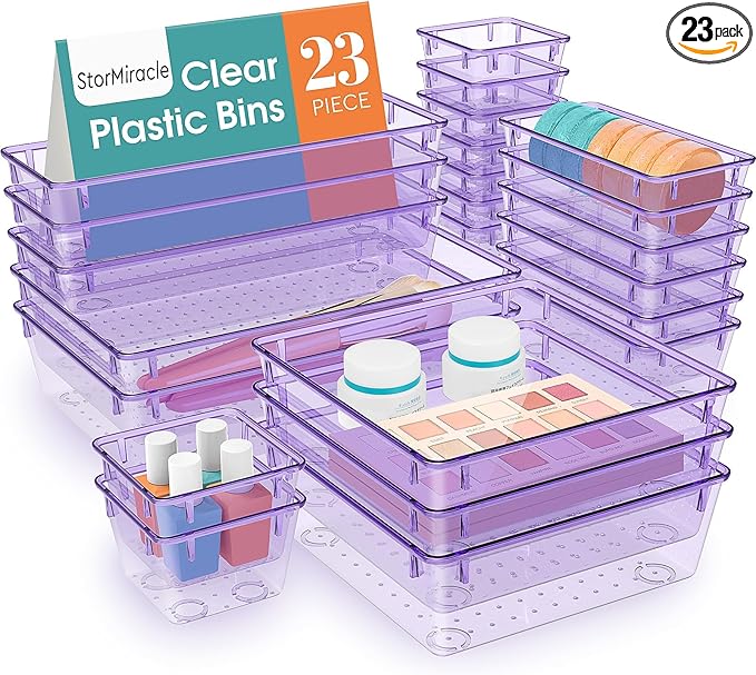 23 PCS Drawer Organizer Set, 5 Varied Size Bathroom and kitchen Drawer cabinet organizer Trays, Clear Storage Bins for Makeup, Jewelry, Utensils and Gadgets, Purple