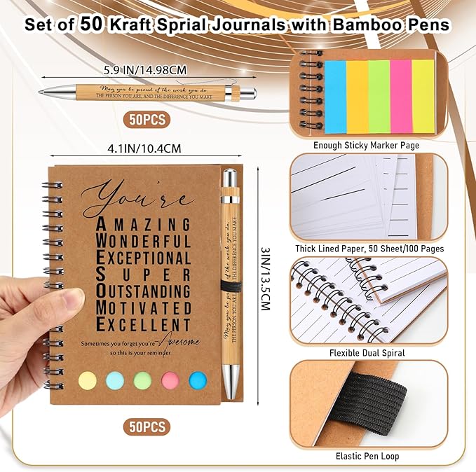 Jetec Inspirational Notebooks Bulk Spiral Notebook with Sticky Notepad Motivational Pens Valentines Day Gifts for for Employee Coworker Nurse Staff Teacher Nurse Volunteer(50 Sets,Amazing)