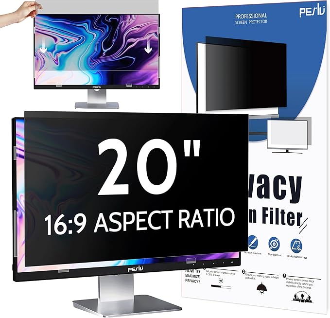 Peslv Computer Privacy Screen 20 Inch for 16:9 Widescreen Monitor, Removable 20inch Anti Blue Light Anti Glare Monitor Privacy Filter Shield (17 7/16" x 9 13/16")