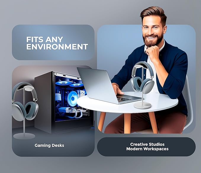ak anklas Headphone Stand for Desk – Premium & Minimalist Headset Holder with Round or Oval Base for Gaming, Office & Home (Silver Rubber, Standard)
