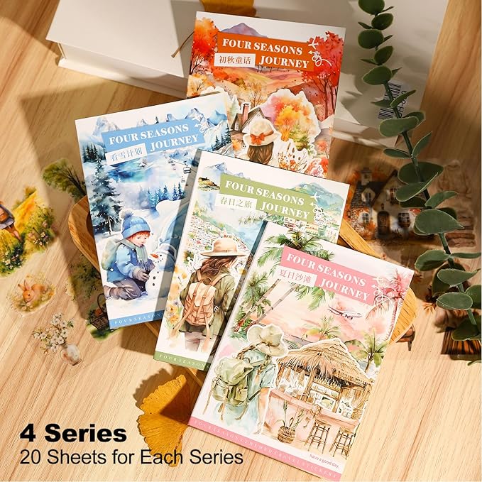 MiyouLuna Seasons Journey Pre-Cut PET Sticker Set, 80 Sheets of Seasonal Travel-Themed Stickers for Scrapbooking, Journaling, DIY Crafts, and Junk Journal Ephemera
