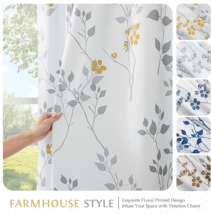 Beauoop Floral 100% Blackout Curtains 63 Inch Length 2 Panels for Bedroom Living Room Yellow Grey and White Flower Patterned Room Darkening Thermal Soundproof Grommet Window Treatments Drapes, 52X63