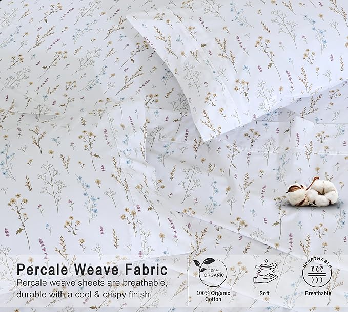 RUVANTI 100% Organic Cotton Sheets Twin XL, Percale Weave, GOTS Certified, 3-Piece Set, Deep Pocket 15", Crisp & Breathable, Soft Durable Bedding, Sábanas Algodón Orgánico – Field Flower