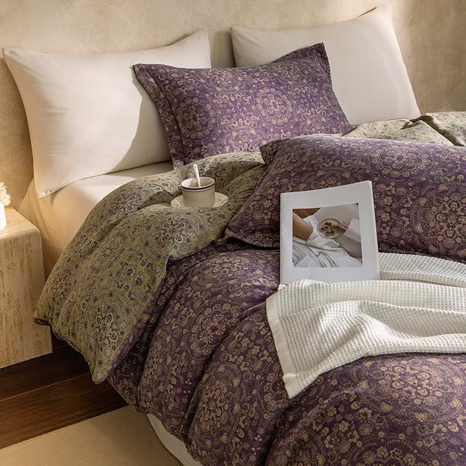 Full Duvet Cover Set Purple Green Floral Duvet Cover Exquisite Jacquard Flower Bedding Set Boho Medallion Vintage Floral Comforter Cover Linen Cotton Yarn-Dyed Textured Duvet Cover with Zipper Ties