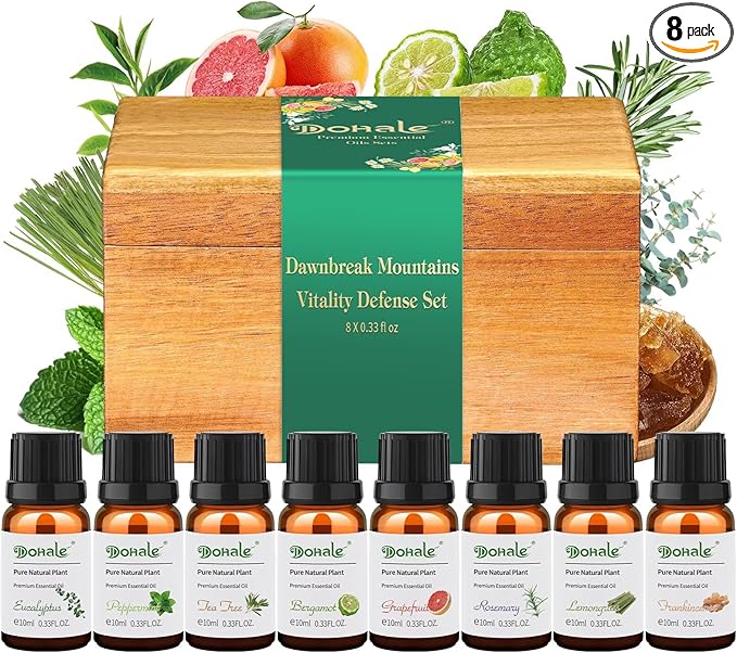 Dohale Essential Oils Set Acacia Wood Gift Box - Uplift, Energize, Refresh, Top 8 Aromatherapy Oils for Diffuser Hotel Scent Home Fragrance Candle Making Grapefruit, Peppermint & More 10ml