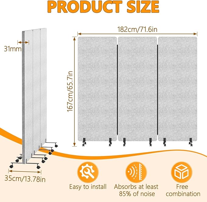 Soundproof Room Divider Panel with Wheels, 66in Portable Office Partition Screen, 3 Panel Temporary Wall Divider for Sound Proof Separation, Cubicle Privacy Panels for Desk (Light Grey)
