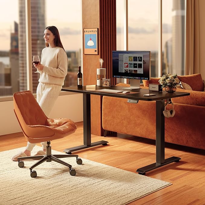 FEZIBO Standing Desk, 63×28 Inches Electric Height Adjustable, Sit Stand Up, Computer Office Desk with Splice Board, Black Frame/Black TOP