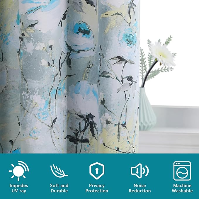 MYSKY HOME Floral Curtains 84 inches Long 2 Panels Blue Curtains for Bedroom/Living Room Thermal Insulated Flower Printed Window Drapes with Grommet, Teal and Blue