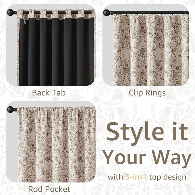 jinchan Floral Blackout Curtains for Bedroom Living Room 63 Inches Length Farmhouse Curtains Room Darkening Vintage Short Drapes Traditional Rod Pocket Window Treatment 2 Panels Set Taupe on Beige