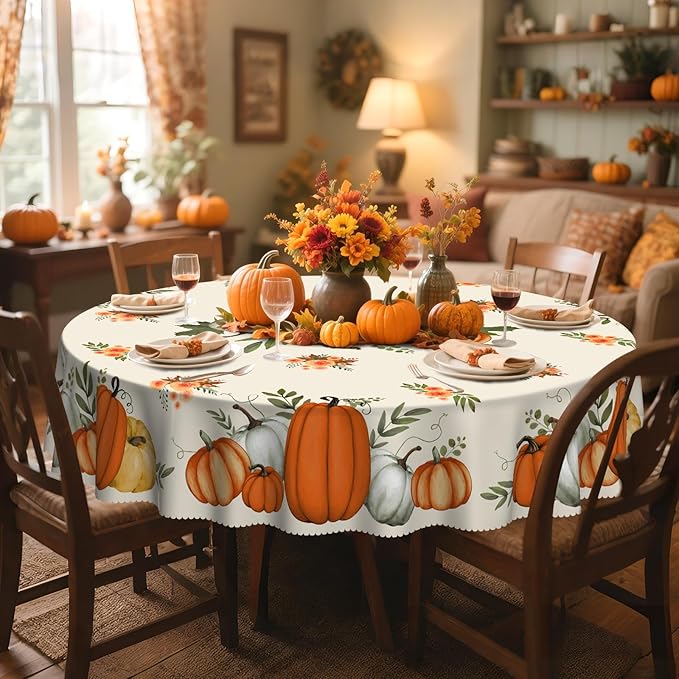 Eikione Fall Tablecloth 70Inch, Round Pumpkin Tablecloth, Thanksgiving Table Cover for Party Dining Picnic Table Decorations