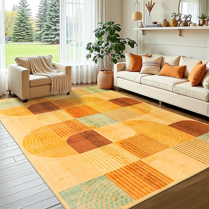 8x10 Area Rugs for Living Room, Soft Modern Abstract Geometric Rug for Bedroom, Washable Non-Slip Indoor Floor Carpet for Dining Room Nursery Home，Multi/Orange