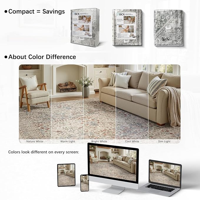 DCX Beige 8x10 Area Rugs, Machine Washable Non Slip Stain Resistant Soft Vintage Floral Rug, for Living Room, Bedroom, Playroom, Soft Low Pile Large Carpet